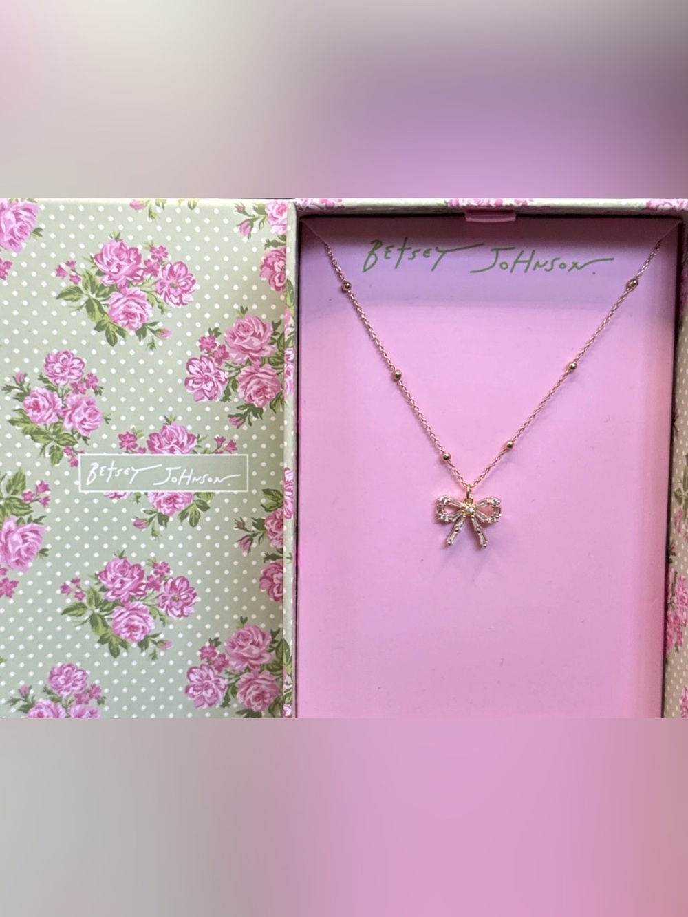 Betsey Johnson Dainty Crystal Baguette Bow Tie Ribbon Necklace.NIB/NWT - Picture 3 of 9
